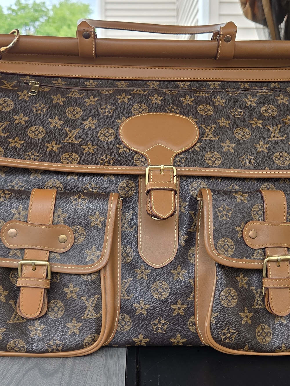 Large Brown Monogram Travel Duffel Bag Carry On Weekender 20" Multi Pocket - Picture 12 of 16
